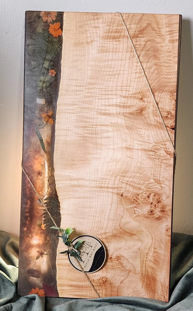 Extra Large Curly Maple and Resin with Flowers Triple Bay Wood