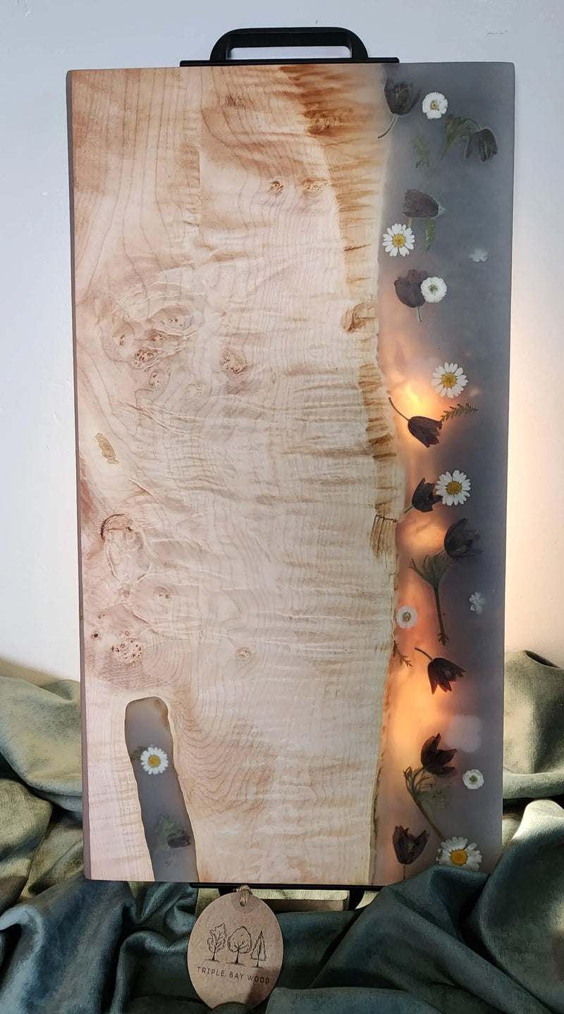 Extra Large Curly Maple and Resin with Real Dried Flowers with Gold Handles Triple Bay Wood