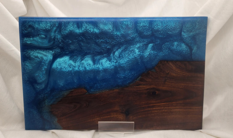 Rectangular blue resin and walnut wood art piece with ocean wave design