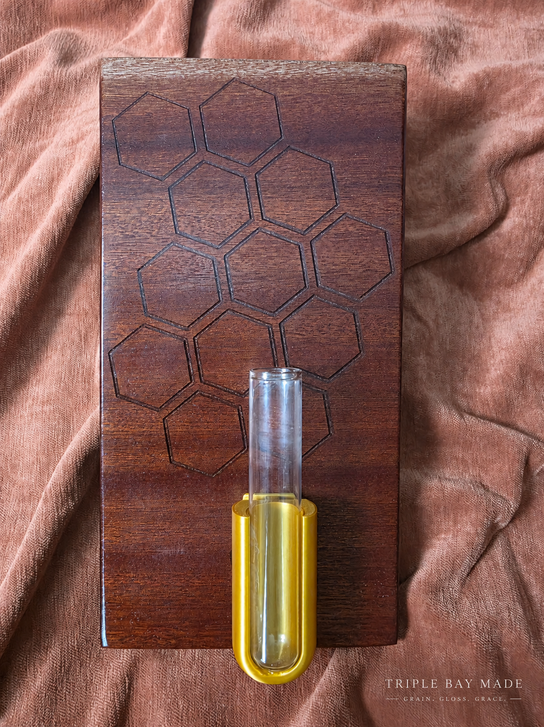 Honeycomb Haven Bubinga propagation wall art with gold holder and glass tube