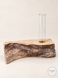 Live edge burl wood propagation holder with clear glass test tube and swirling dark grain