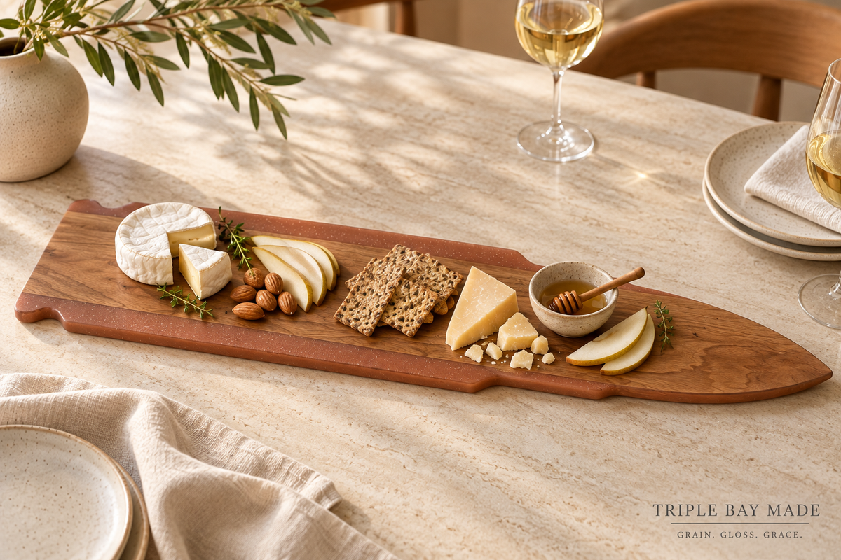 Copper Ember walnut resin board styled with cheese pears and crackers