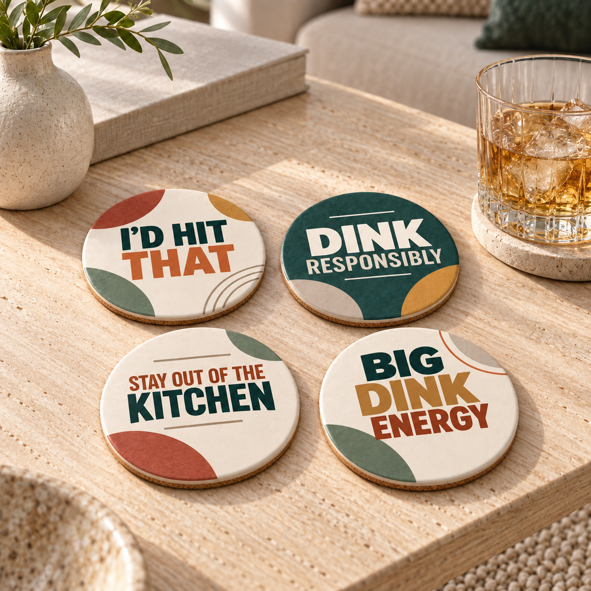 Round Court Side Sass pickleball coasters styled on a modern coffee table