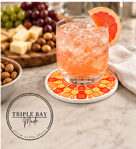 Orange pickleball mandala ceramic coaster with cocktail by Triple Bay Made