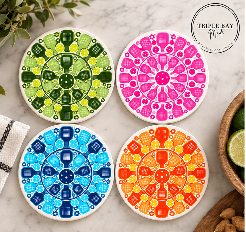 Dink in Color pickleball coaster set of four in green, pink, blue and orange by Triple Bay Made