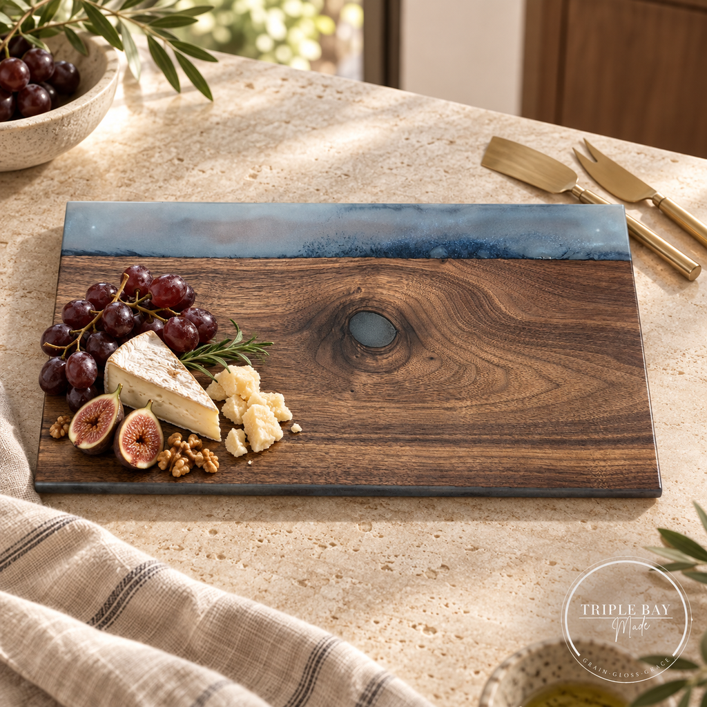 Dragon Eye walnut and resin serving board styled with cheese, grapes and figs