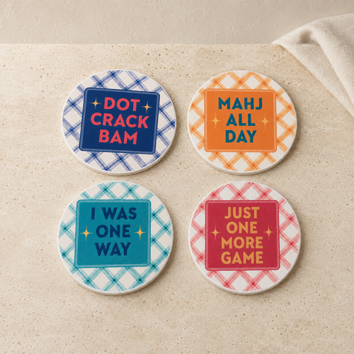 Set of four colorful plaid Mahjong ceramic coasters featuring Dot Crack Bam, Mahj All Day, I Was One Way, and Just One More Game