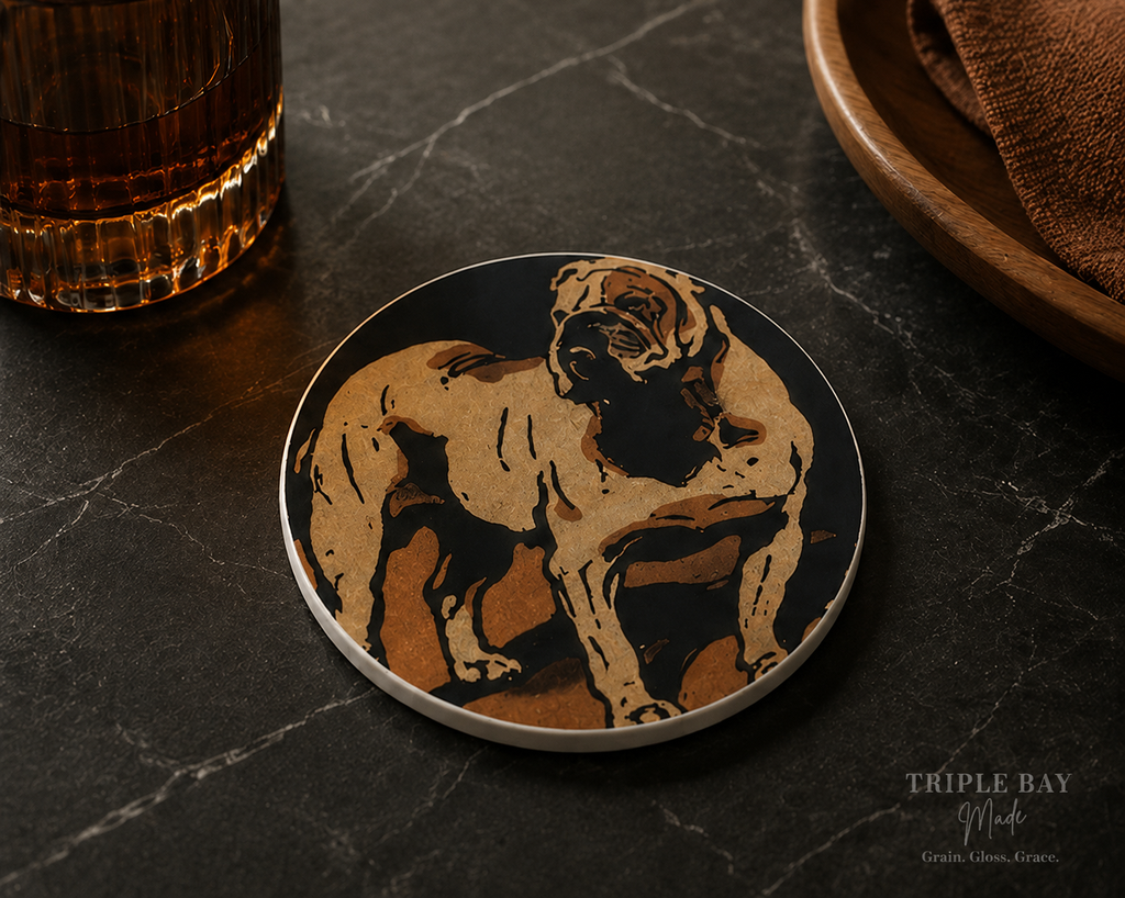 Bulldog coaster on dark stone — Triple Bay Made
