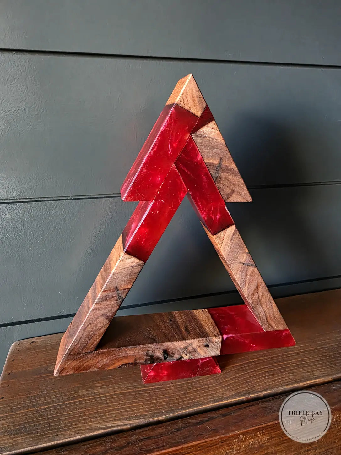 Walnut and red resin Christmas tree detail with Triple Bay Made watermark