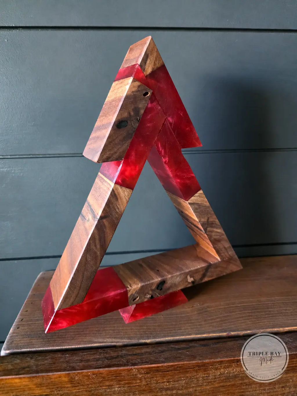 Walnut and red resin Christmas tree detail with Triple Bay Made watermark