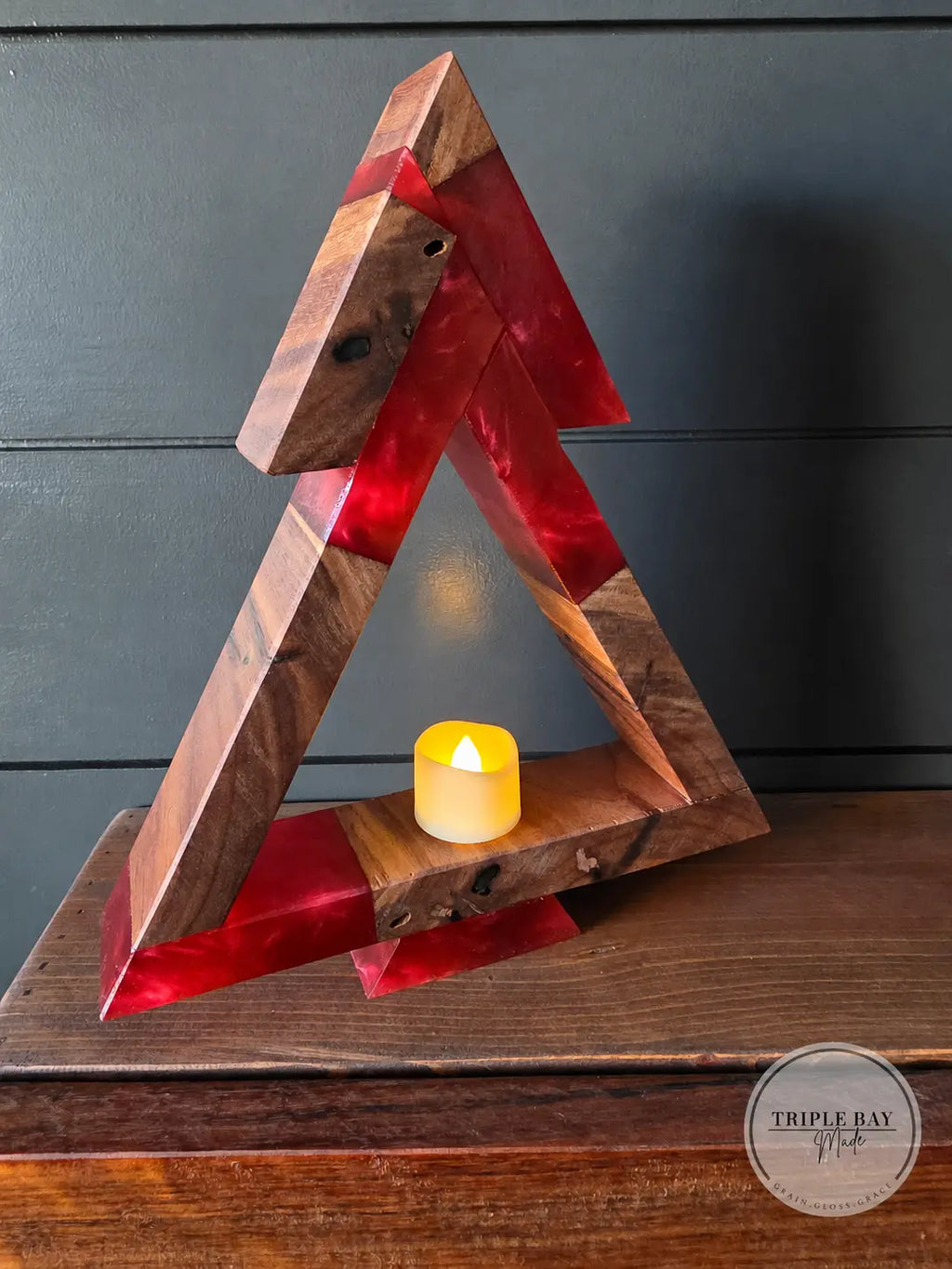 Walnut and red resin Christmas tree with flickering tea light and Triple Bay Made watermark