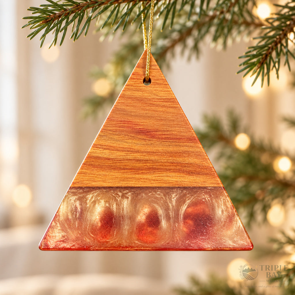 Emberglow Red & Gold Resin Wood Ornament Triple Bay Made