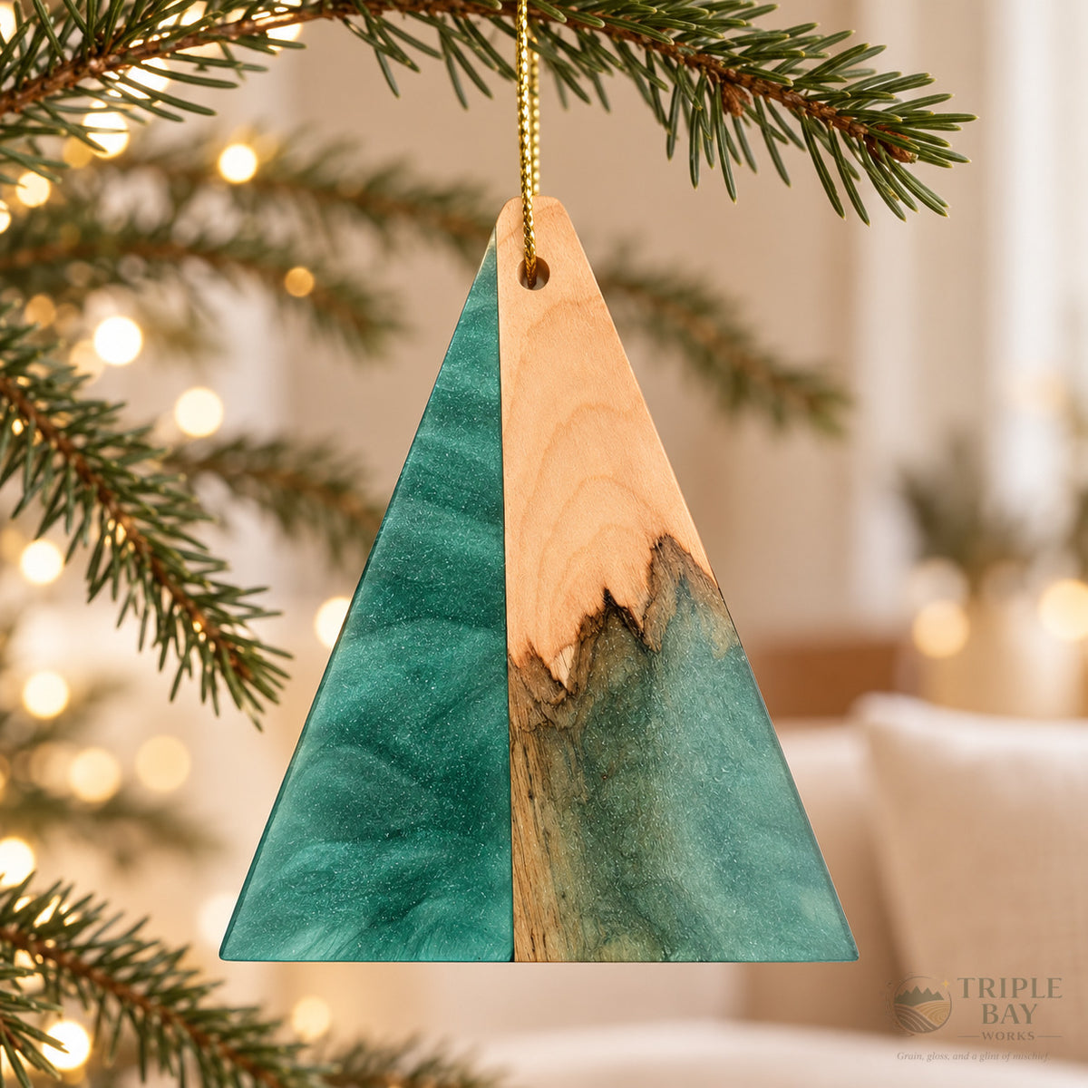 Evergreen Passage Olive Wood & Green Resin Ornament Triple Bay Made