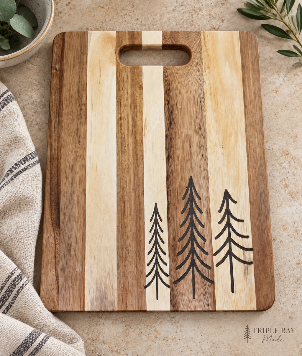 Evergreen Trio acacia board styled lifestyle visualization