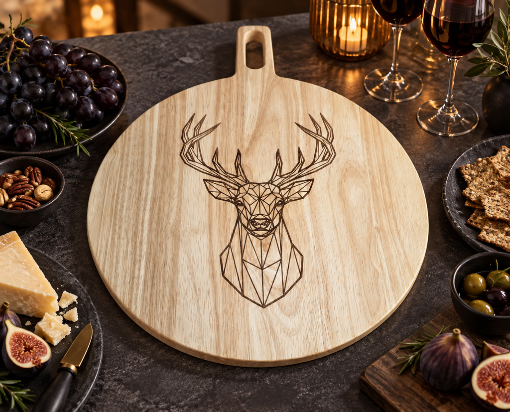 Geometric stag serving board in an elevated evening entertaining setting