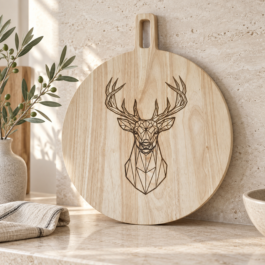 Geometric stag rubberwood serving board displayed in a modern kitchen