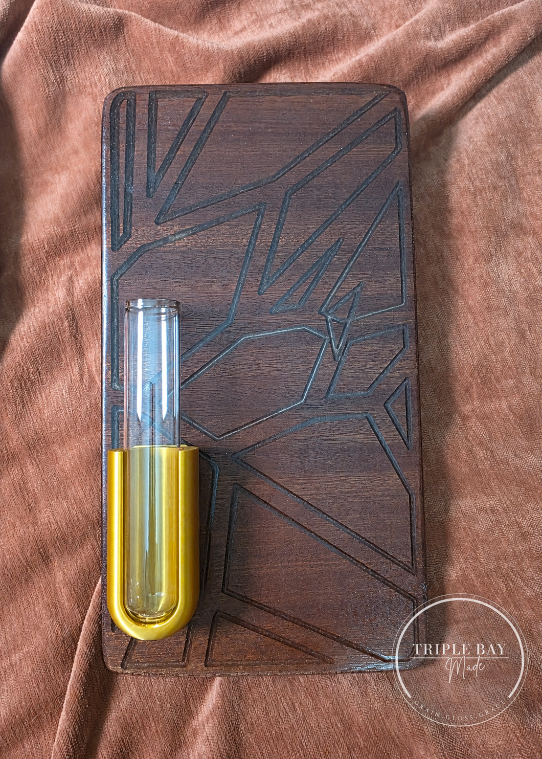 One-of-a-kind bubinga and golden resin propagation wall art with empty tube