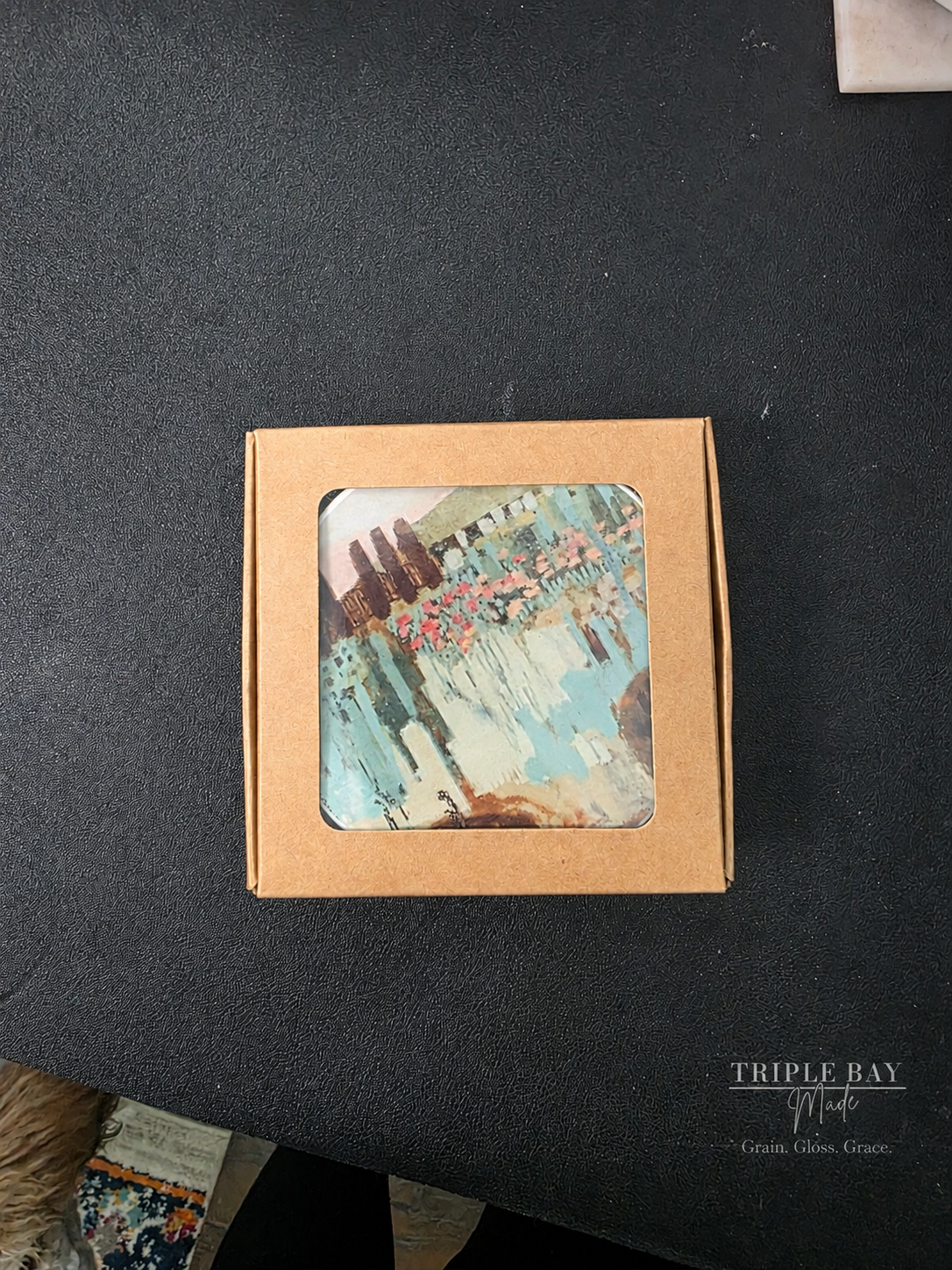 Modern Forms coaster set in windowed kraft gift box