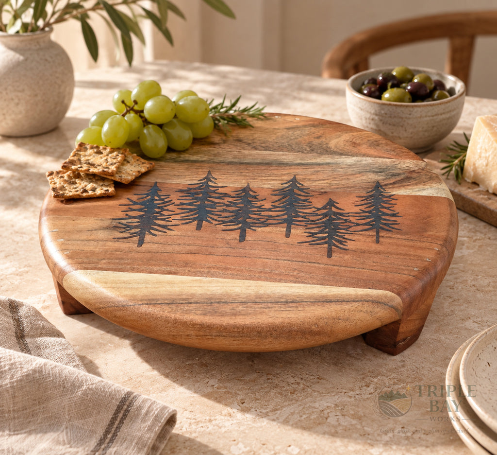 Pine Grove elevated acacia serving board styled for modern entertaining
