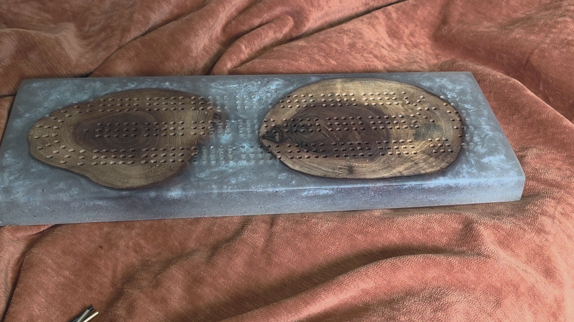 Three-Player Walnut and Resin Cribbage Board with Peg Storage