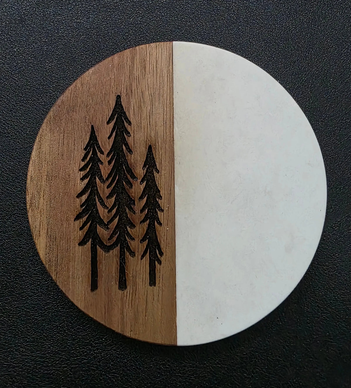 Round Wood & Marble Coasters – Engraved Pine Trees Triple Bay Made