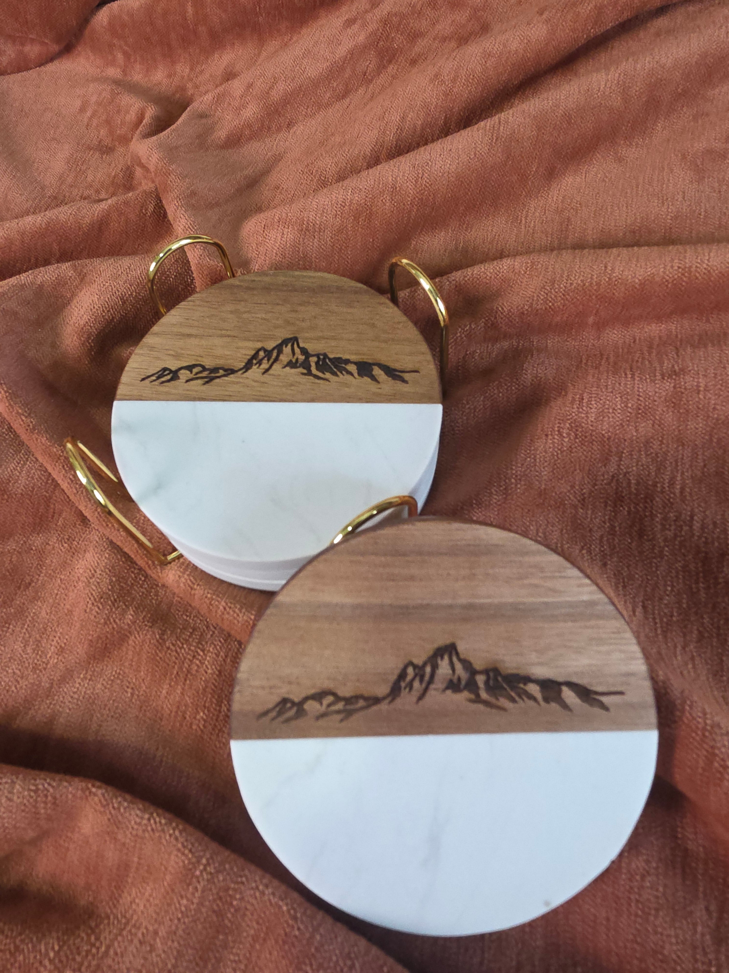 Round Wood & Marble Coasters – Engraved Sawtooth