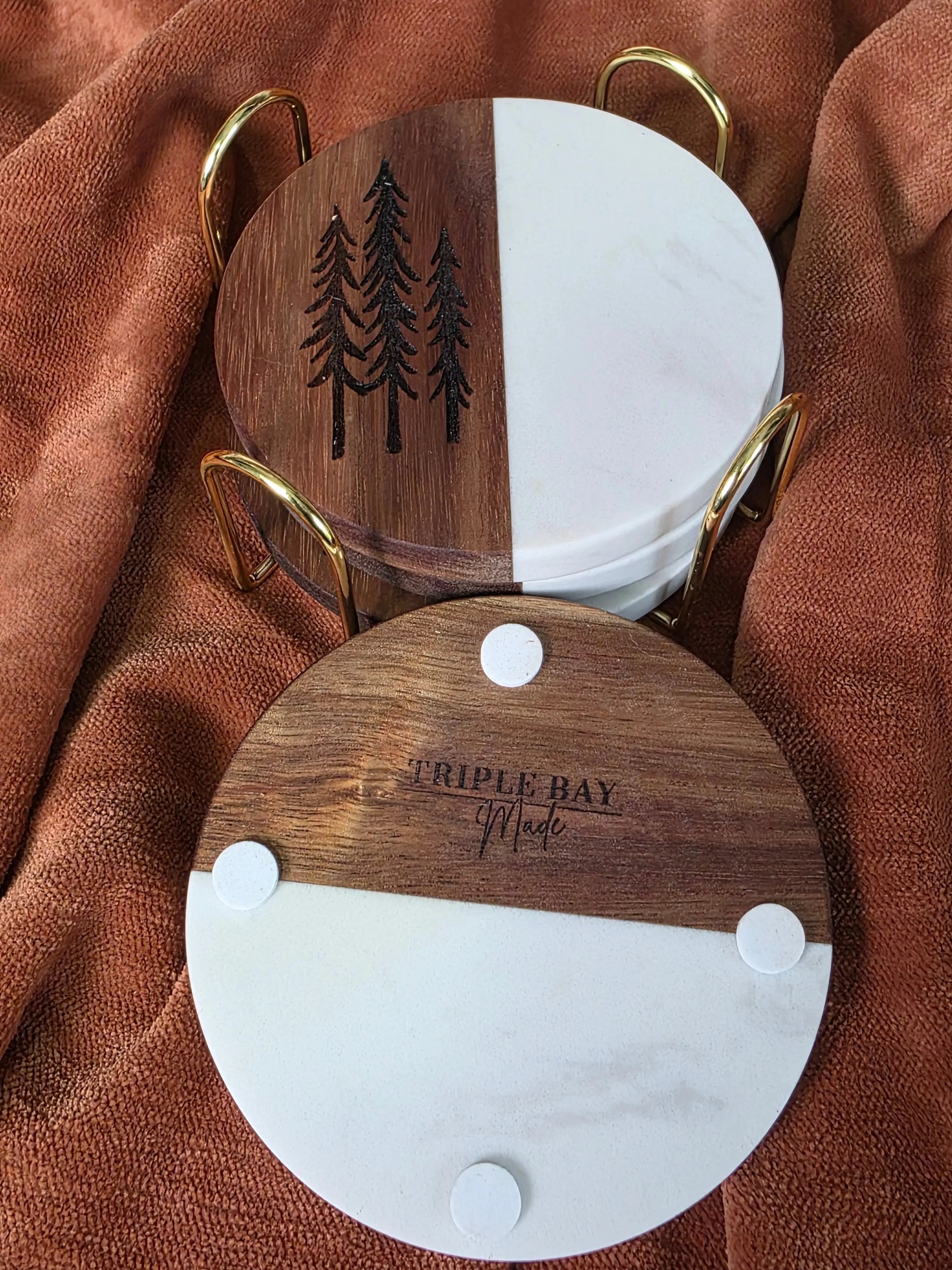 Round Wood & Marble Coasters – Engraved Pine Trees Triple Bay Made
