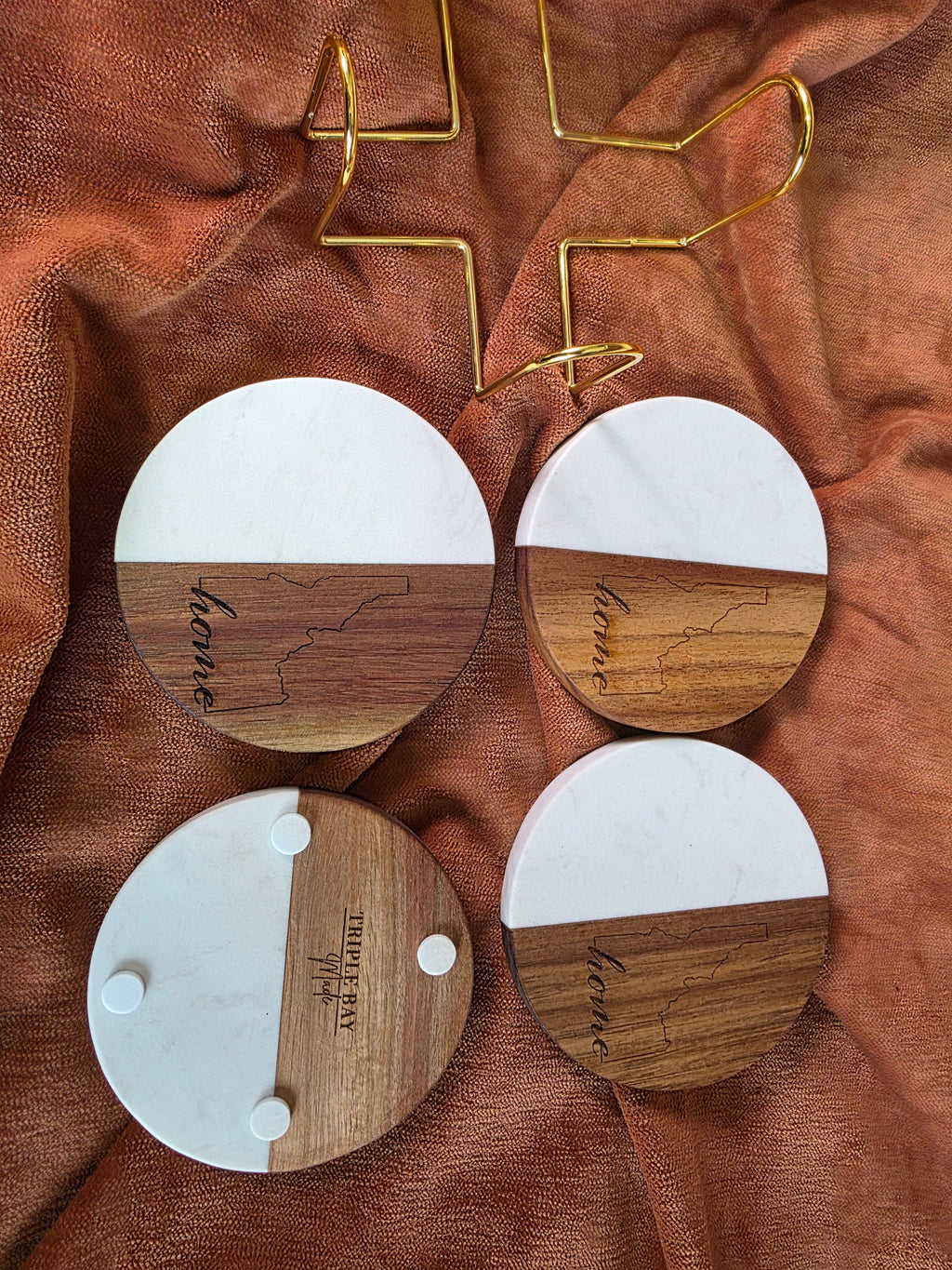 Round Wood & Marble Coasters – Engraved Idahome