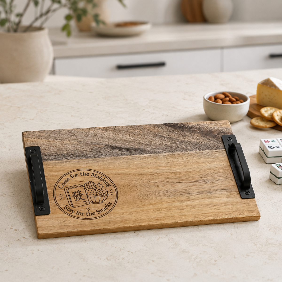 Come for the Mahjong Acacia Serving Board Triple Bay Made
