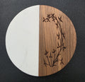 Round Wood & Marble Coasters – Engraved Arch of Flowers