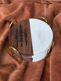 Round Wood & Marble Coasters – Engraved Pine Trees Triple Bay Made