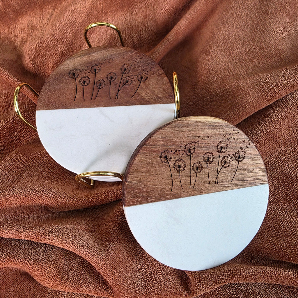 Round Wood & Marble Coasters – Engraved Wishes