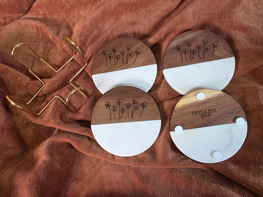 Round Wood & Marble Coasters – Engraved Wishes