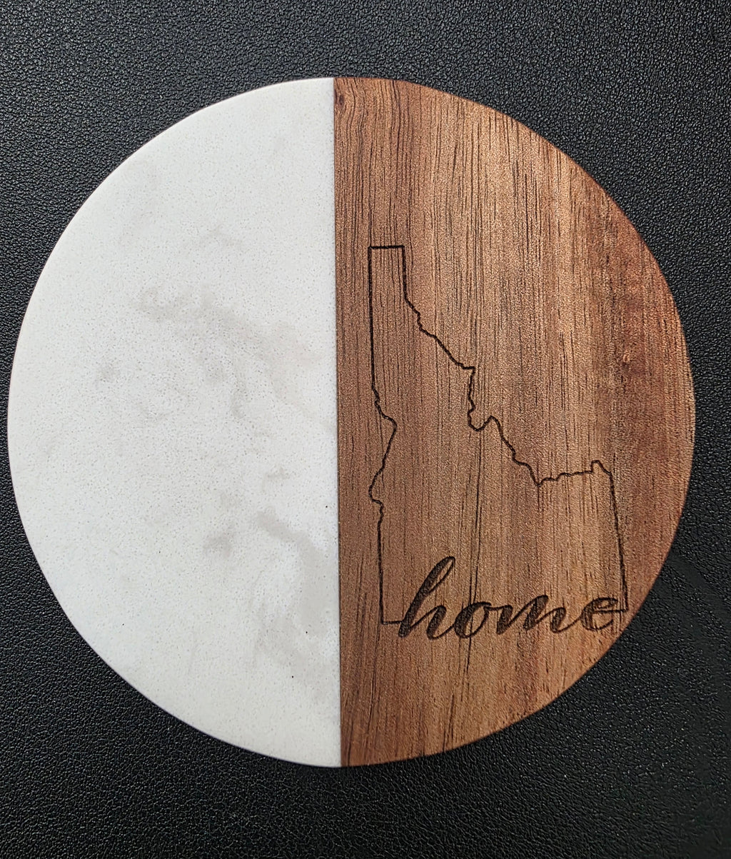 Round Wood & Marble Coasters – Engraved Idahome