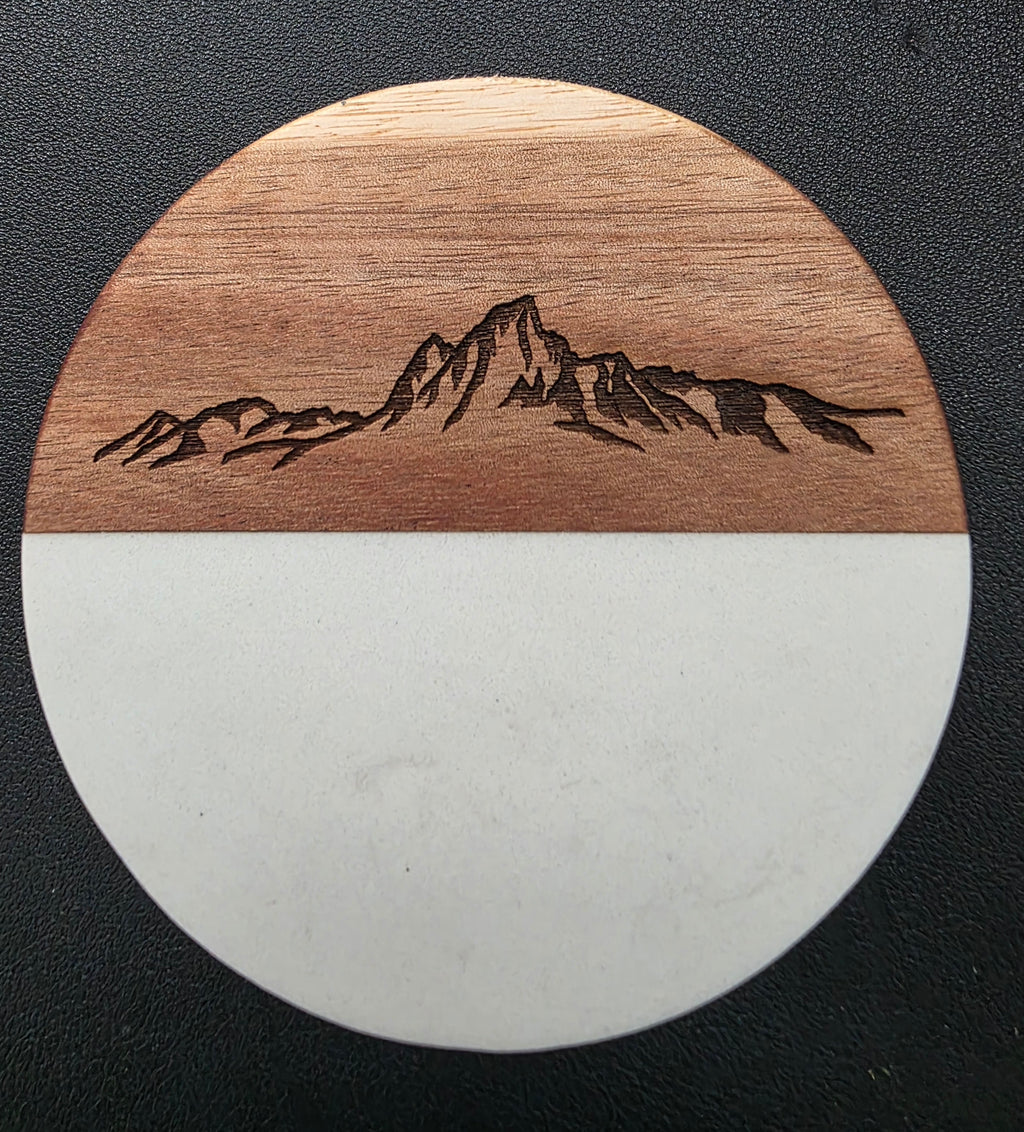Round Wood & Marble Coasters – Engraved Sawtooth