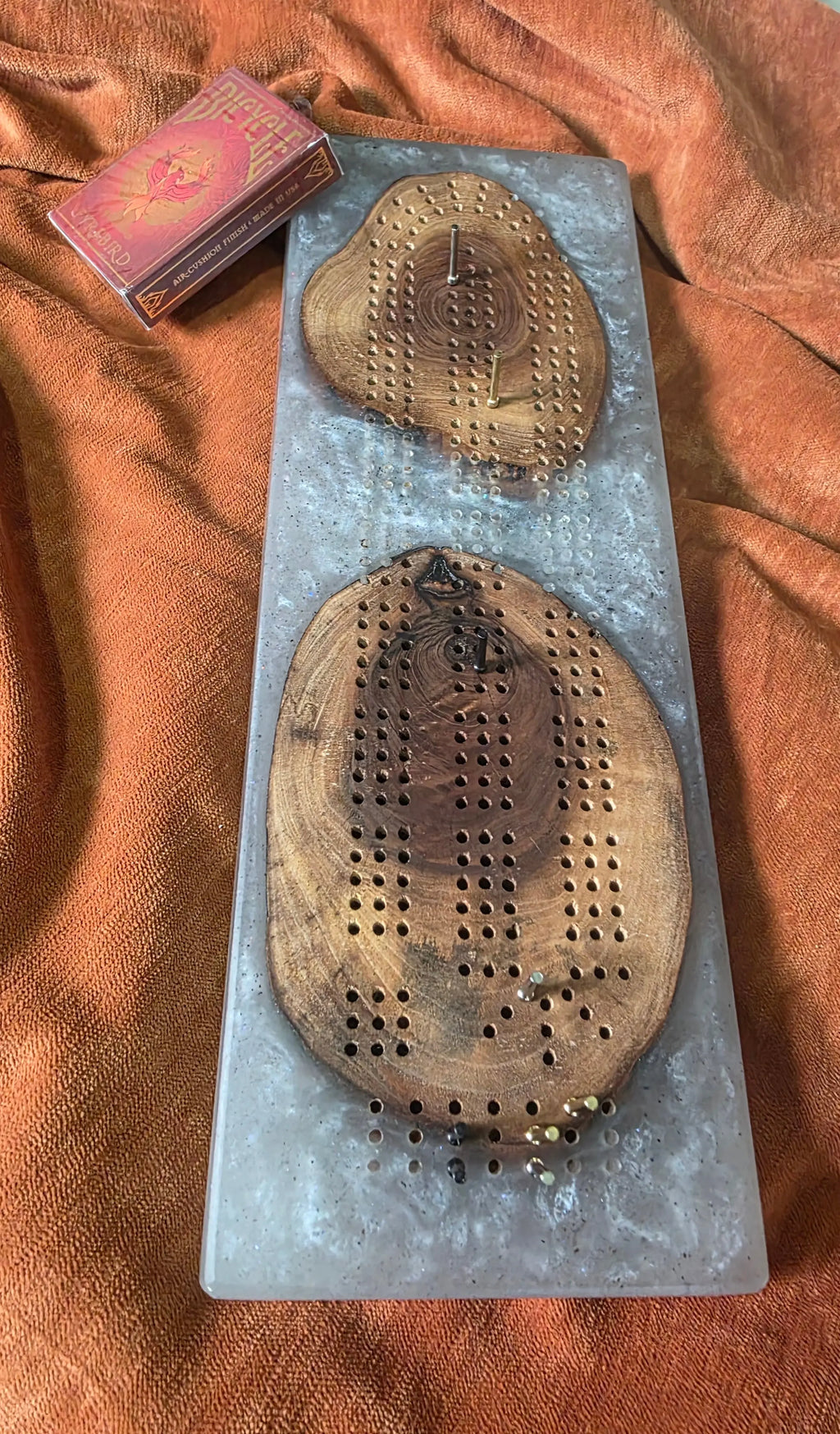 Three-Player Walnut and Resin Cribbage Board with Peg Storage Triple Bay Made