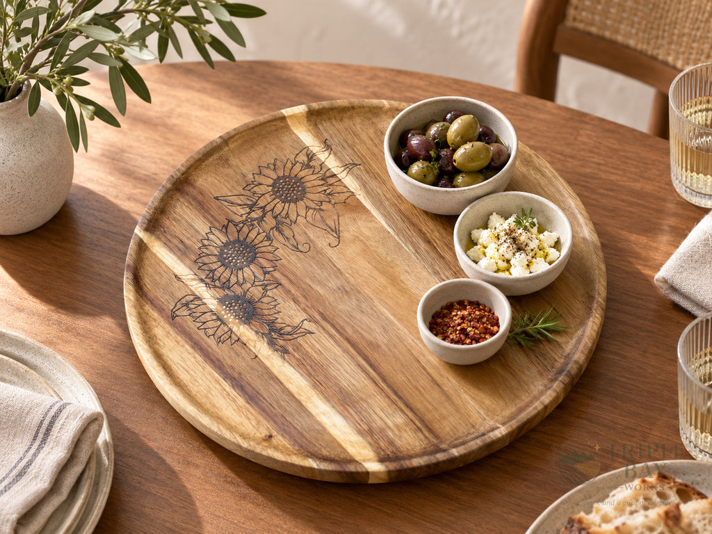 Sunflower acacia lazy Susan styled with small serving bowls on a dining table