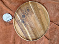 Round acacia lazy Susan engraved with three detailed sunflowers