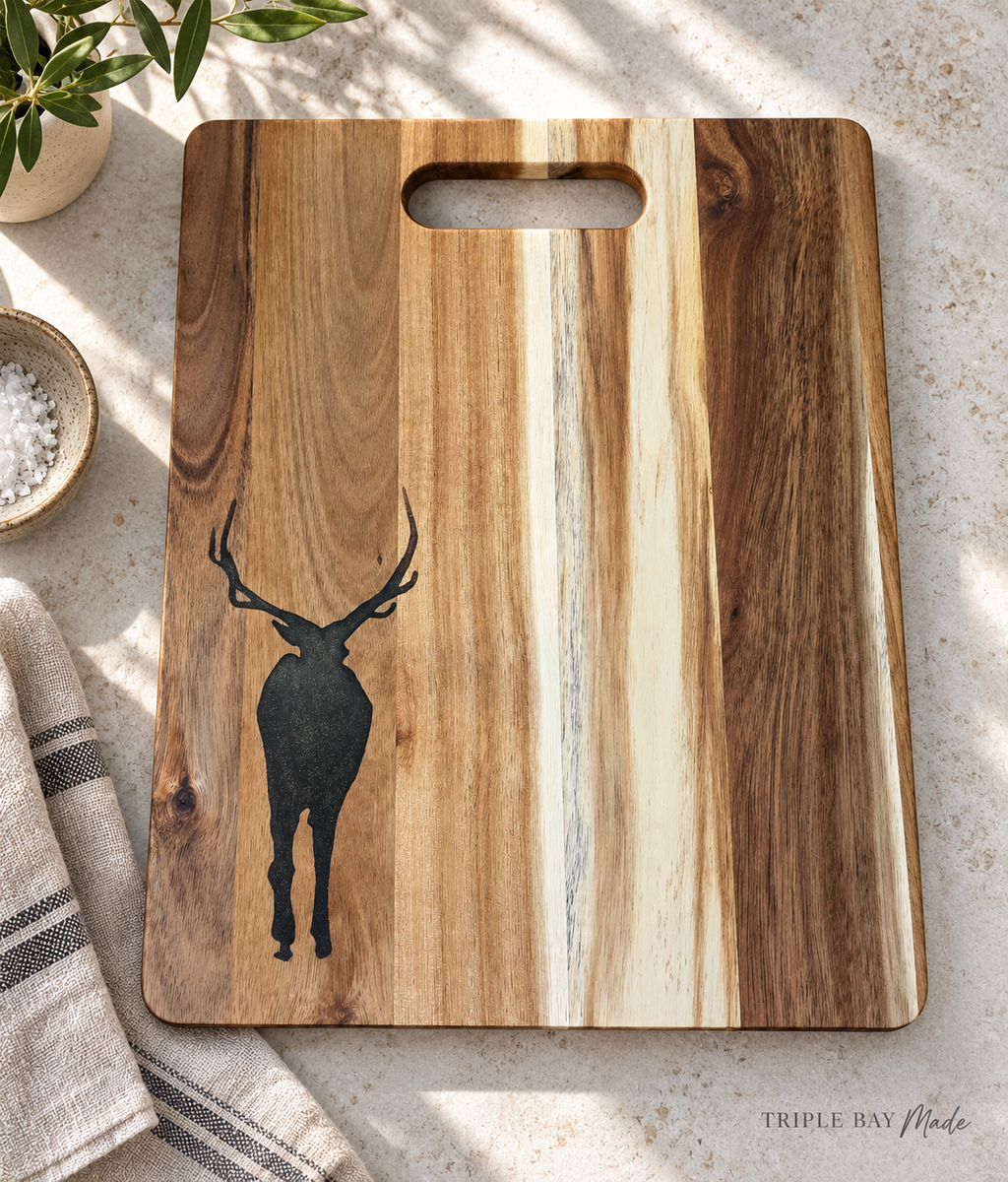 Woodland Stag acacia board in a styled lifestyle visualization