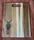 Woodland Stag acacia cutting and serving board with dark resin inlay, front view